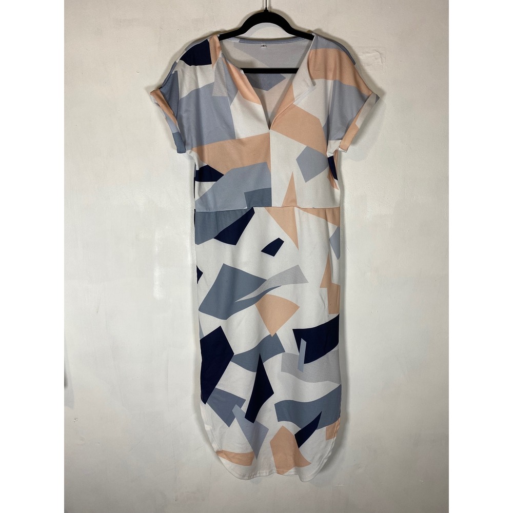 Geometric Midi Maxi Dress Small V Neck Side Slit Short Sleeve Modest Casual‎